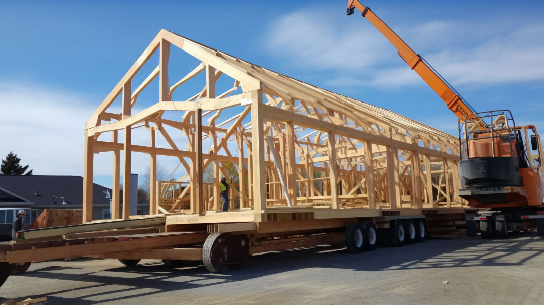 Large truck with prefabricated timber home delivery